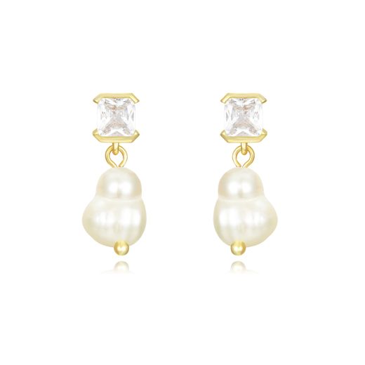 Pendientes Plata Dorada Circonitas Perlas 8mm PEM0270DOPA