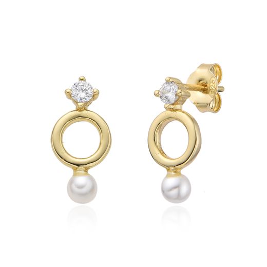 Pendientes Plata Dorada Círculo Perla Circonitas 16,5mm PEM0343DOPA