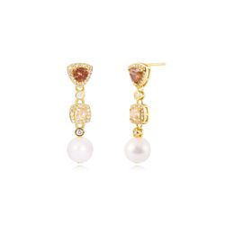 Pendientes Plata Dorada Corazón Piedras Minerales Perlas 30mm PEM0288DOPA