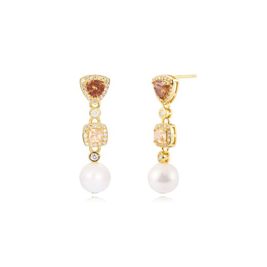 Pendientes Plata Dorada Corazón Piedras Minerales Perlas 30mm PEM0288DOPA