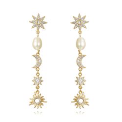 Pendientes Plata Dorada Luna & Estrella Perlas 52mm PEM0266DOPA
