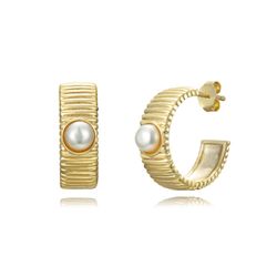 Pendientes Plata Dorada Medio Aro Perlas 15mm PEM0272DOPA