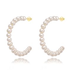 Pendientes Plata Dorada Medio Aro Perlas 44mm PEM0283DOPA