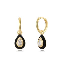 Pendientes Plata Dorada Mujer 10x7,5m PEZ1363DOEB Aro Colgante Lágrima Enamel Negro