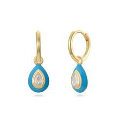 Pendientes Plata Dorada Mujer 10x7,5m PEZ1363DOET Aro Colgante Lágrima Enamel Turquesa