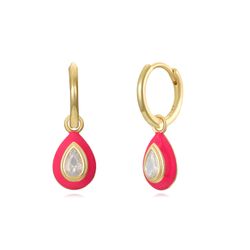 Pendientes Plata Dorada Mujer 10x7,5m PEZ1363DOHP Aro Colgante Lágrima Enamel Hot Pink