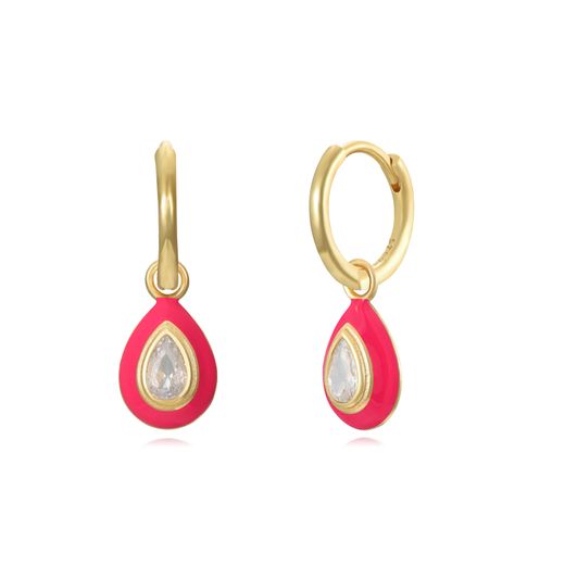 Pendientes Plata Dorada Mujer 10x7,5m PEZ1363DOHP Aro Colgante Lágrima Enamel Hot Pink