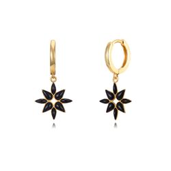 Pendientes Plata Dorada Mujer 11+12mm PEL0983DOEN Aro Colgante Flor Enamel Negro