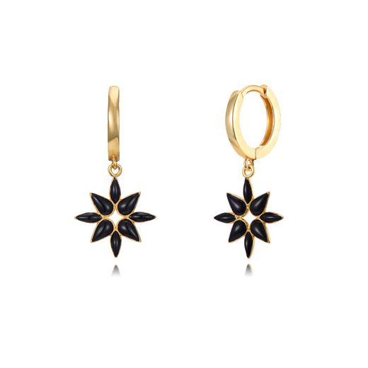 Pendientes Plata Dorada Mujer 11+12mm PEL0983DOEN Aro Colgante Flor Enamel Negro