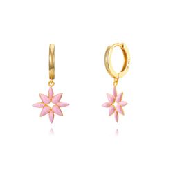 Pendientes Plata Dorada Mujer 11+12mm PEL0983DOEP Aro Colgante Flor Enamel Rosa