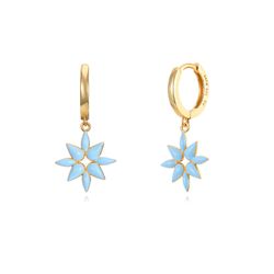 Pendientes Plata Dorada Mujer 11+12mm PEL0983DOET Aro Colgante Flor Enamel Turquesa