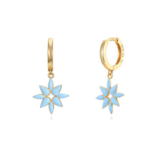 Pendientes Plata Dorada Mujer 11+12mm PEL0983DOET Aro Colgante Flor Enamel Turquesa