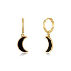 Pendientes Plata Dorada Mujer 11+12mm PEL0989DOENXX Aro Colgante Media Luna Enamel Negro