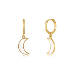 Pendientes Plata Dorada Mujer 11+12mm PEL0989DOEW Aro Colgante Media Luna Enamel Blanco