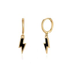 Pendientes Plata Dorada Mujer 11+12mm PEL0990DOENXX Aro Colgante Rayo Enamel Negro