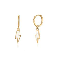 Pendientes Plata Dorada Mujer 11+12mm PEL0990DOEWXX Aro Colgante Rayo Enamel Blanco