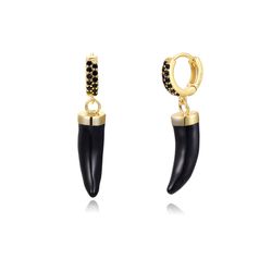 Pendientes Plata Dorada Mujer 11+18mm PEZ0960DOENXX Aro Circonitas Negras & Colgante Cuerno Enamel Negro