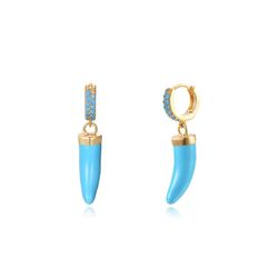 Pendientes Plata Dorada Mujer 11+18mm PEZ0960DOET Aro Circonitas Turquesa & Colgante Cuerno Enamel Turquesa