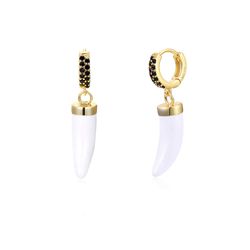 Pendientes Plata Dorada Mujer 11+18mm PEZ0960DOEW Aro Circonitas & Colgante Cuerno Enamel Blanco