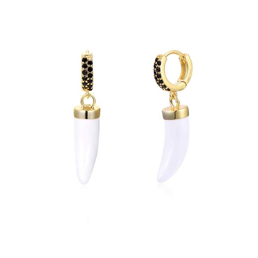 Pendientes Plata Dorada Mujer 11+18mm PEZ0960DOEW Aro Circonitas & Colgante Cuerno Enamel Blanco