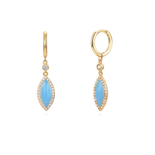 Pendientes Plata Dorada Mujer 11+21mm PEZ0957DOETXX Aro Colgante Hoja Enamel Turquesa