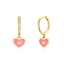 Pendientes Plata Dorada Mujer 11+6mm PEZ1202DOCL Aro Colgante Corazón Enamel Coral