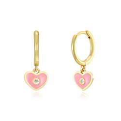Pendientes Plata Dorada Mujer 11+6mm PEZ1202DOEP Aro Colgante Corazón Enamel Rosa