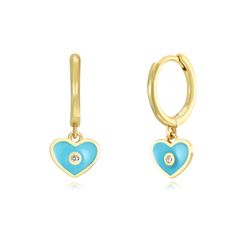 Pendientes Plata Dorada Mujer 11+6mm PEZ1202DOET Aro Colgante Corazón Enamel Turquesa