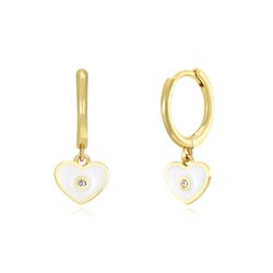 Pendientes Plata Dorada Mujer 11+6mm PEZ1202DOEW Aro Colgante Corazón Enamel Blanco