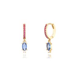 Pendientes Plata Dorada Mujer 11+7mm PEZ1190DOVA Aro Colgante Circonitas Multicolor