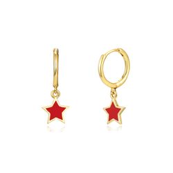Pendientes Plata Dorada Mujer 11+8mm PEL0987DOERXX Aro Colgante Estrella Enamel Rojo