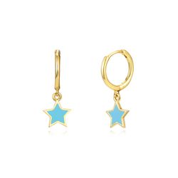 Pendientes Plata Dorada Mujer 11+8mm PEL0987DOETXX Aro Colgante Estrella Enamel Turquesa