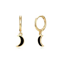 Pendientes Plata Dorada Mujer 11+8mm PEL0988DOENXX Aro Colgante Media Luna Enamel Negro