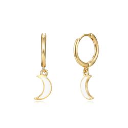 Pendientes Plata Dorada Mujer 11+8mm PEL0988DOEWXX Aro Colgante Media Luna Enamel Blanco