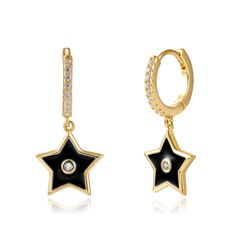 Pendientes Plata Dorada Mujer 11+9mm PEZ1016DOEN Aro Colgante Estrella Enamel Negro