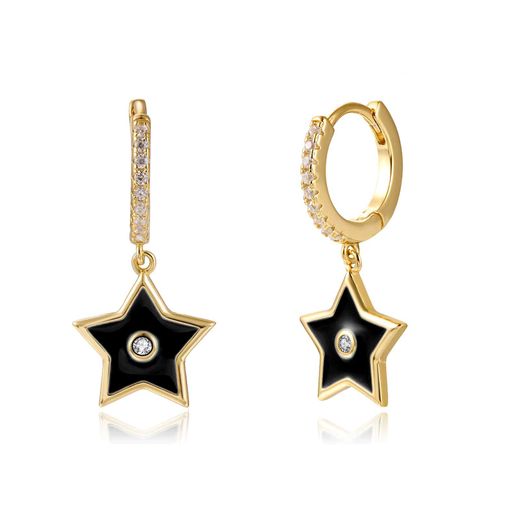 Pendientes Plata Dorada Mujer 11+9mm PEZ1016DOEN Aro Colgante Estrella Enamel Negro