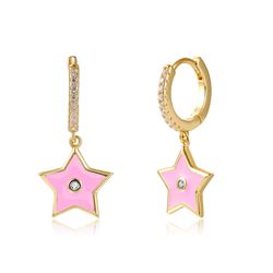 Pendientes Plata Dorada Mujer 11+9mm PEZ1016DOEP Aro Colgante Estrella Enamel Rosa