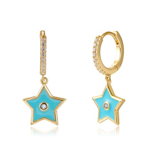 Pendientes Plata Dorada Mujer 11+9mm PEZ1016DOET Aro Colgante Estrella Enamel Turquesa