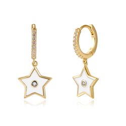 Pendientes Plata Dorada Mujer 11+9mm PEZ1016DOEW Aro Colgante Estrella Enamel Blanco