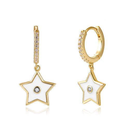 Pendientes Plata Dorada Mujer 11+9mm PEZ1016DOEW Aro Colgante Estrella Enamel Blanco