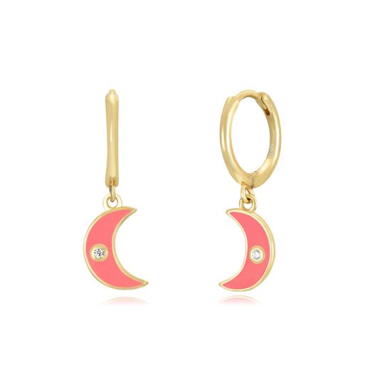 Pendientes Plata Dorada Mujer 11+9mm PEZ1256DOCL Aro Colgante Media Luna Enamel Coral