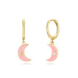 Pendientes Plata Dorada Mujer 11+9mm PEZ1256DOEP Aro Colgante Media Luna Enamel Rosa