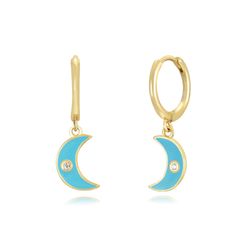 Pendientes Plata Dorada Mujer 11+9mm PEZ1256DOET Aro Colgante Media Luna Enamel Turquesa