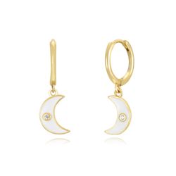 Pendientes Plata Dorada Mujer 11+9mm PEZ1256DOEW Aro Colgante Media Luna Enamel Blanco