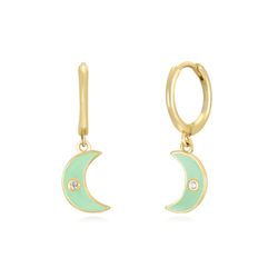 Pendientes Plata Dorada Mujer 11+9mm PEZ1256DOME Aro Colgante Media Luna Enamel Mint Green
