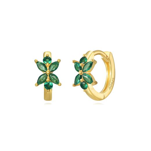 Pendientes Plata Dorada Mujer 11mm PEZ1294DOZV Aro Flor Circonitas Verdes