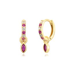 Pendientes Plata Dorada Mujer 11mm PEZ1314DOZR Aro Colgante Circonitas Rubí