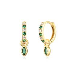 Pendientes Plata Dorada Mujer 11mm PEZ1314DOZV Aro Colgante Circonitas Verdes