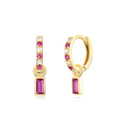 Pendientes Plata Dorada Mujer 11mm PEZ1315DOZR Aro Colgante Circonitas Rubí