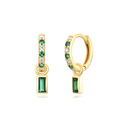 Pendientes Plata Dorada Mujer 11mm PEZ1315DOZV Aro Colgante Circonitas Verdes